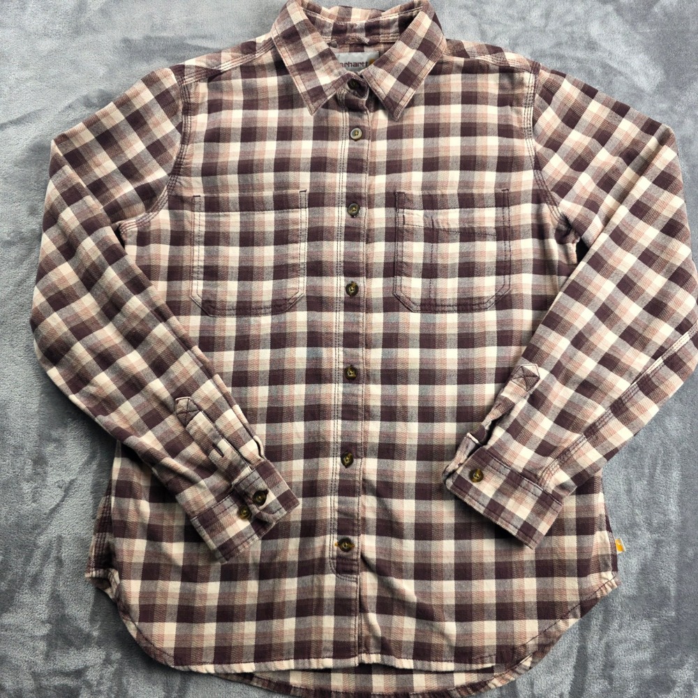 Carhartt‎ Button Down Shirt Womens Medium Brown Plaid Flannel Stretch 103226